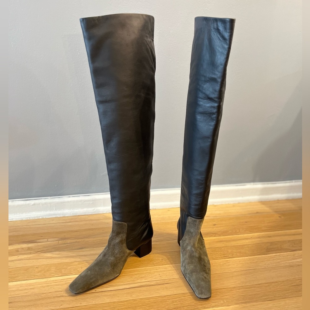 Nanushka EU 38 US 7.5 or 8 knee high boots. Black leather with olive suede panel